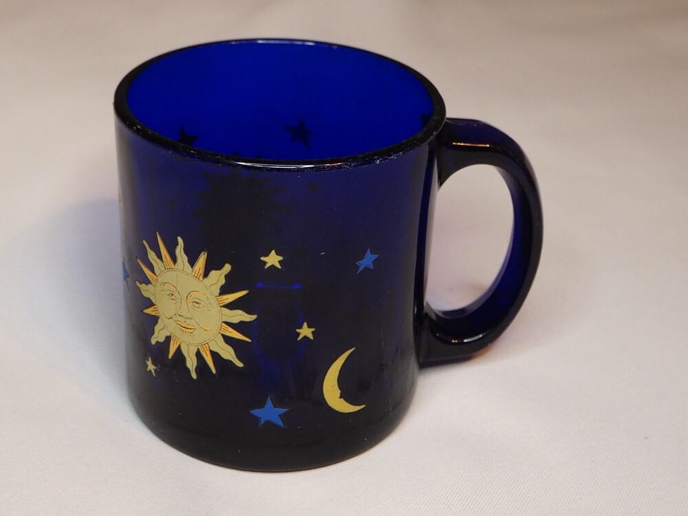 Vintage Libbey Celestial 12 oz Mug Cobalt Blue Sun Moon Stars Friends Monica USA